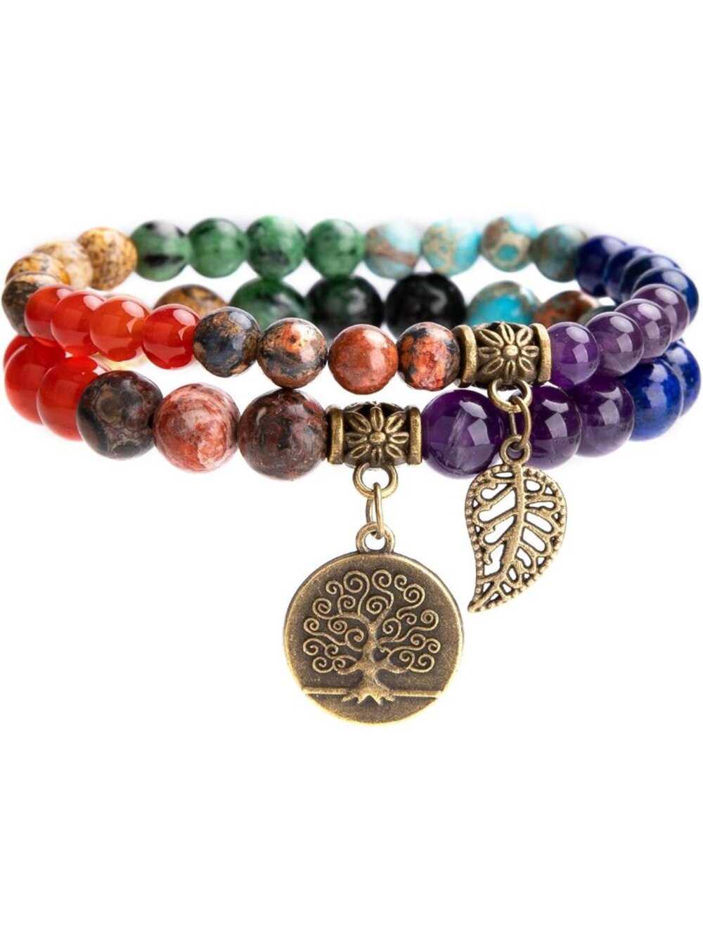 Natural Semi Precious Gemstone Beads Bracelet for Women - Tree Leaf Charm Reiki